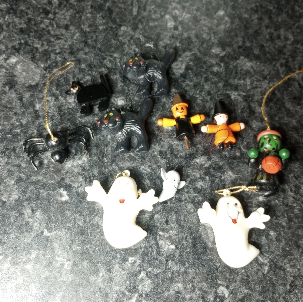 Halloween Tree Ornaments Vintage 80s Ghost Scarecrow Black Cat Witch Spider EUC